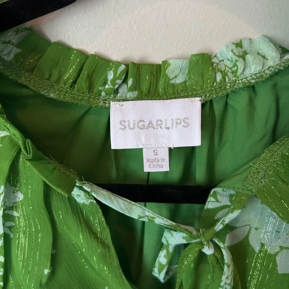 Sugarlips Kelly Green Floral Split Frilled Tie Neck Tiered Long Sleeve Dress - Picture 8 of 16